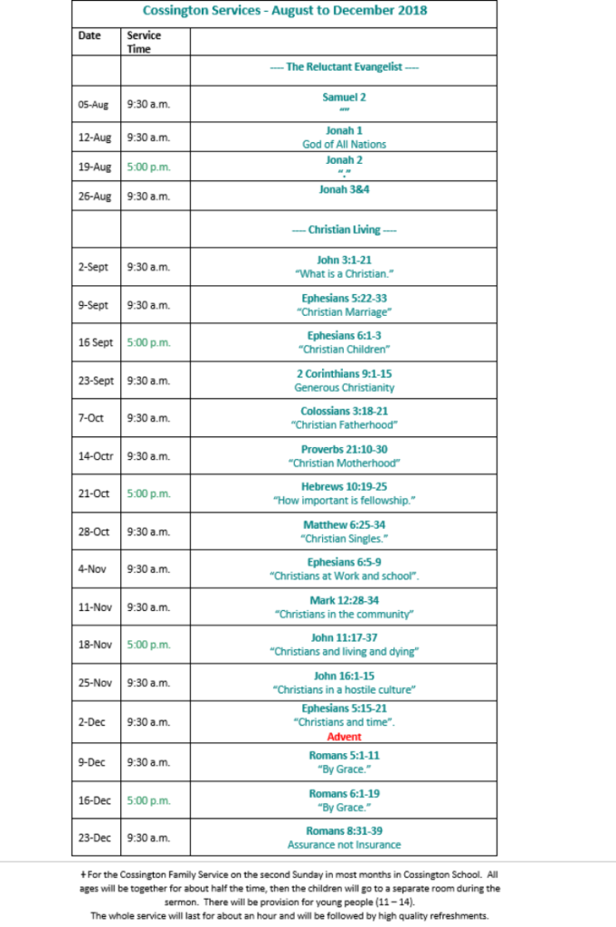Cossington Services Aug to December 2018 Cossington Services Aug to December 2018