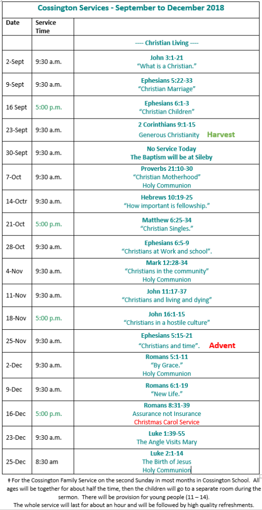Cossington ServicesSept_Dec18 Cossington Services Sept to Dec18