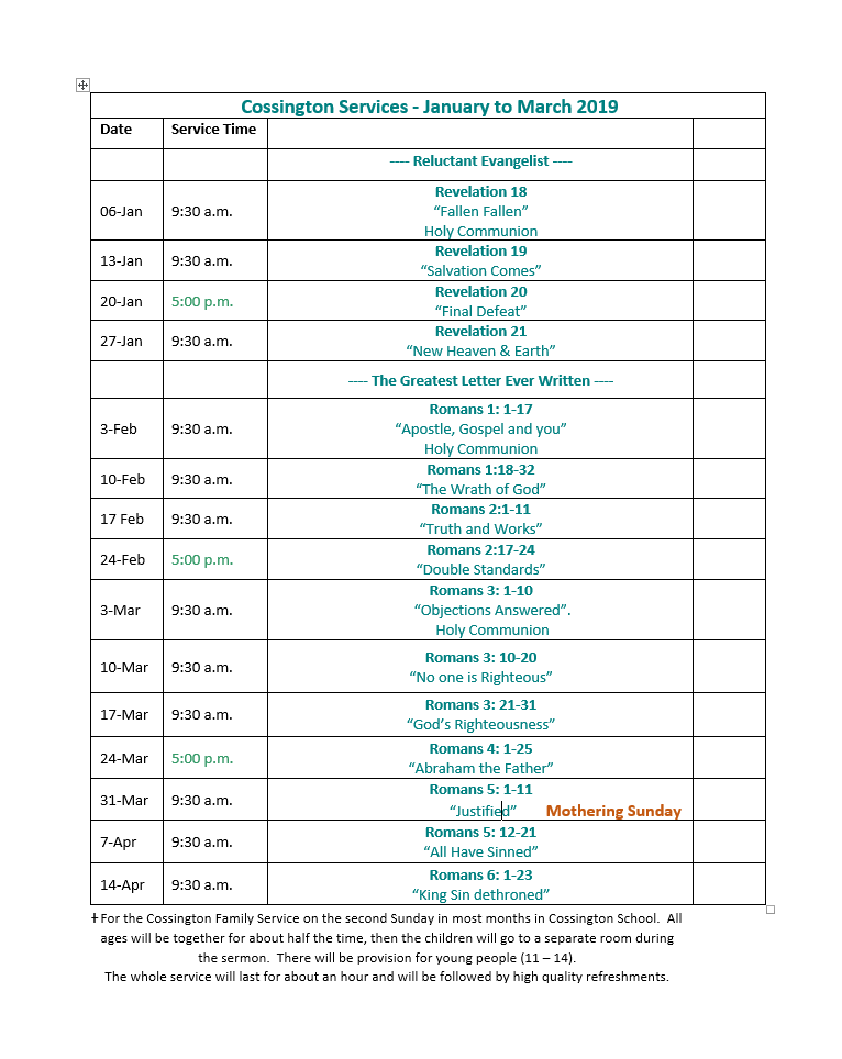 Cossington January to Easter 2019 Cossington January to Easter 2019