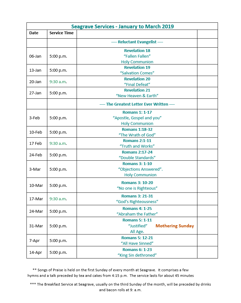 Seagrave Services January to Easter 2019 Seagrave Services January to Easter 2019