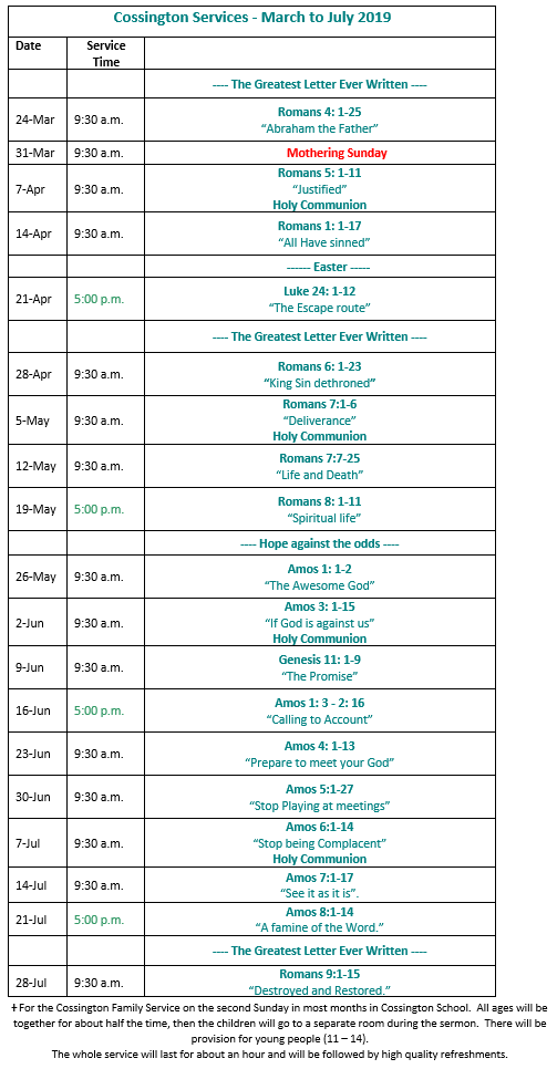Cossington Mar_July19 Cossington Services March to July 2019