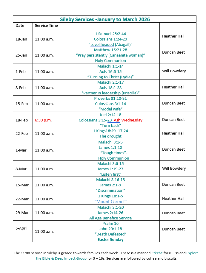 Sileby Services Jan to Mar 2026